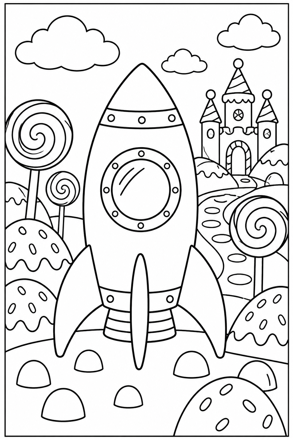 Rocket in candy land — More details — printable coloring page