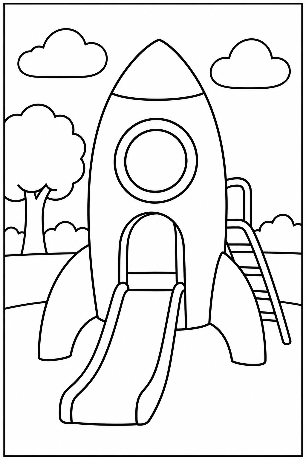 Rocket at the playground — Large shapes — printable coloring page