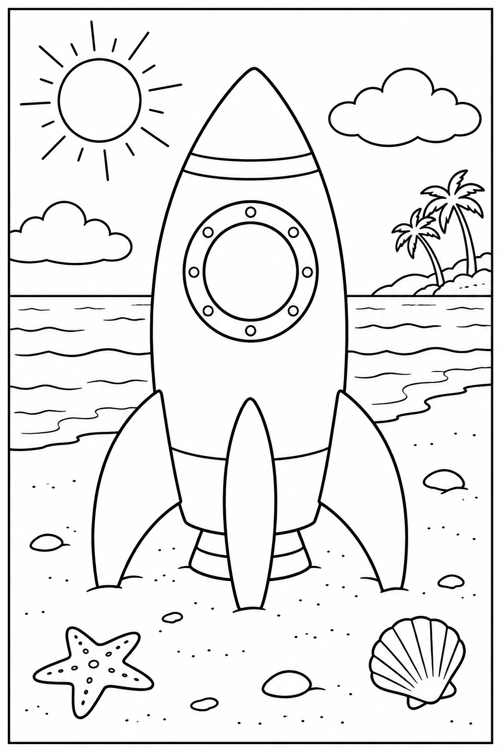 Rocket at the beach — More details — printable coloring page