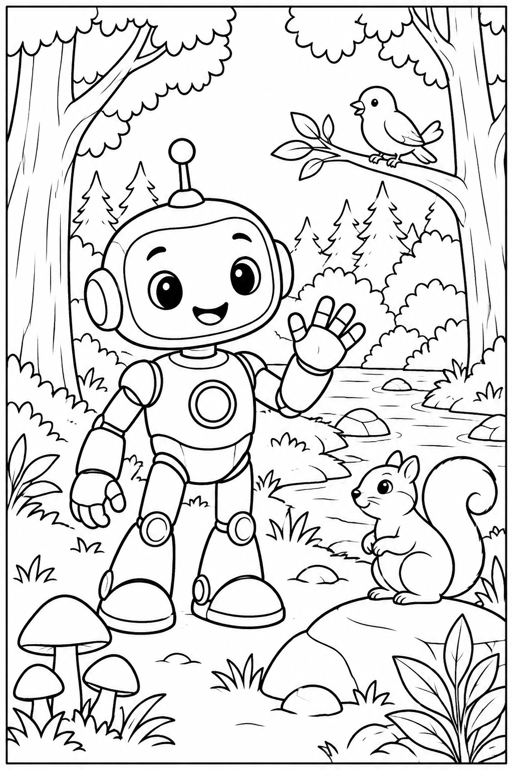 Robot in the forest — More details — printable coloring page