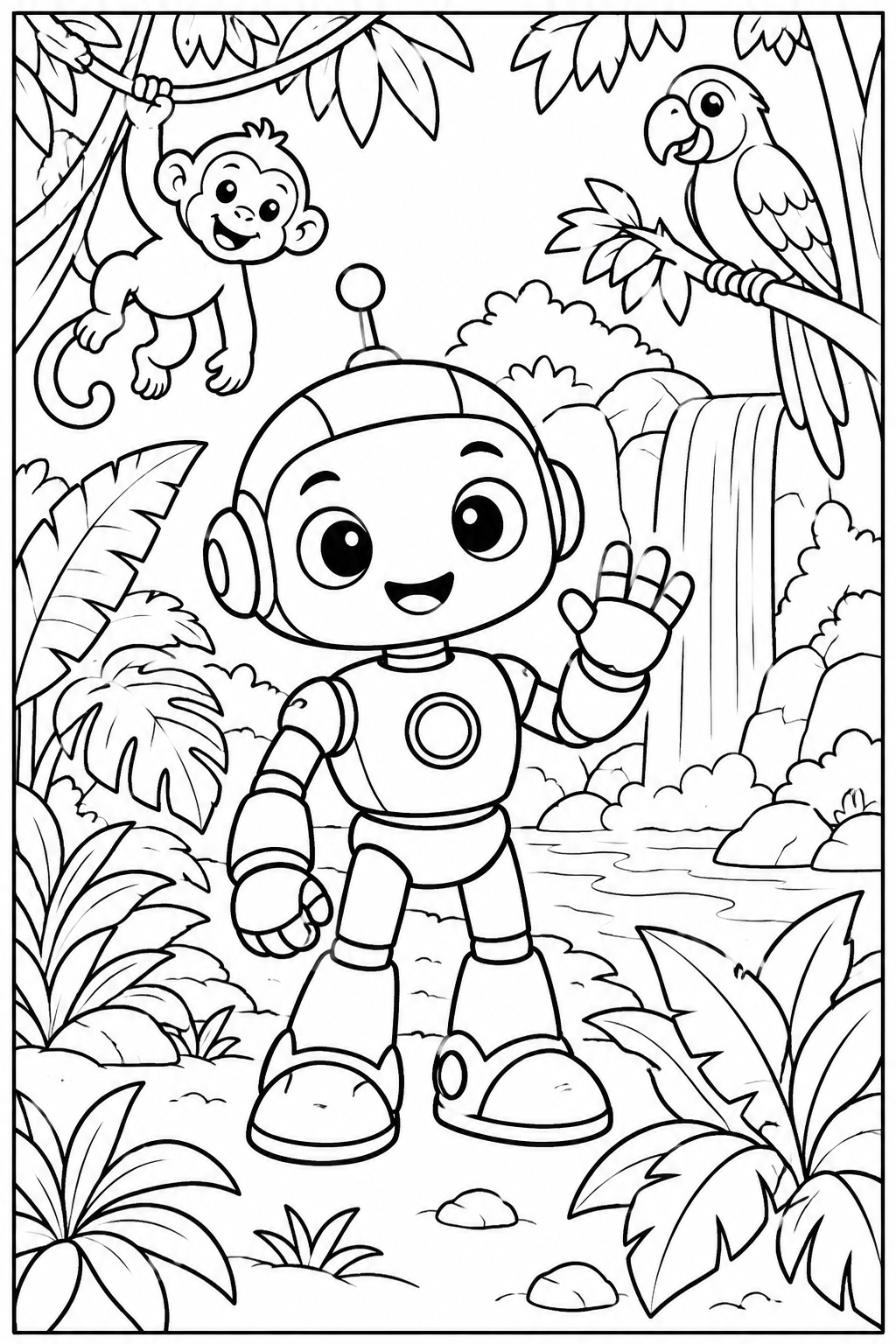 Robot in the jungle — More details — printable coloring page