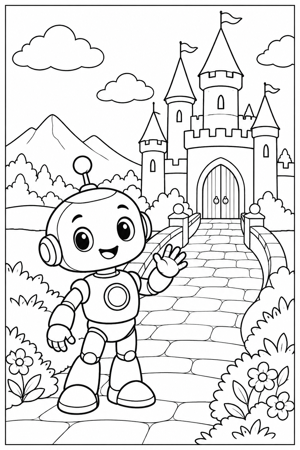Robot by a castle — More details — printable coloring page