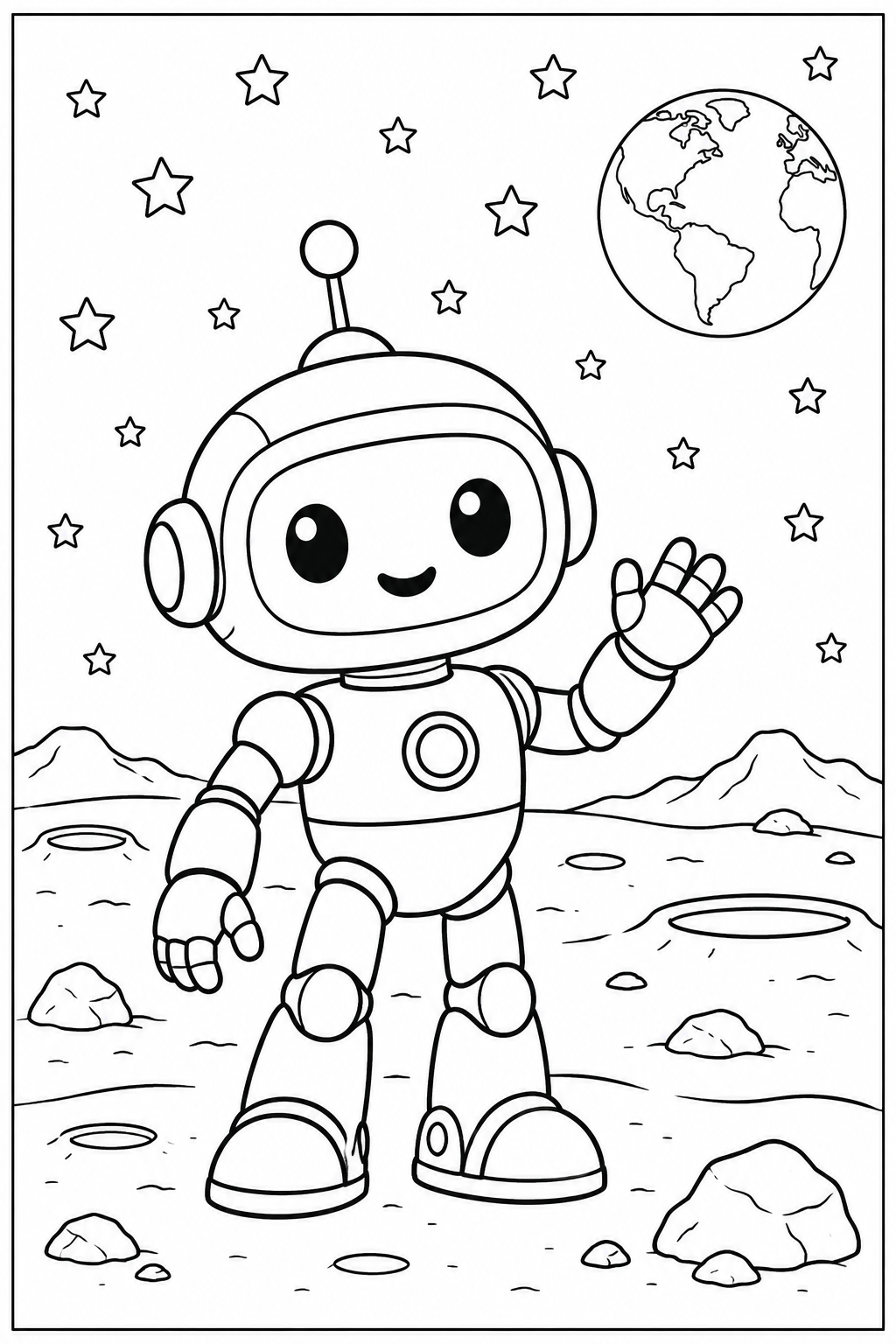 Robot on the moon — More details — printable coloring page