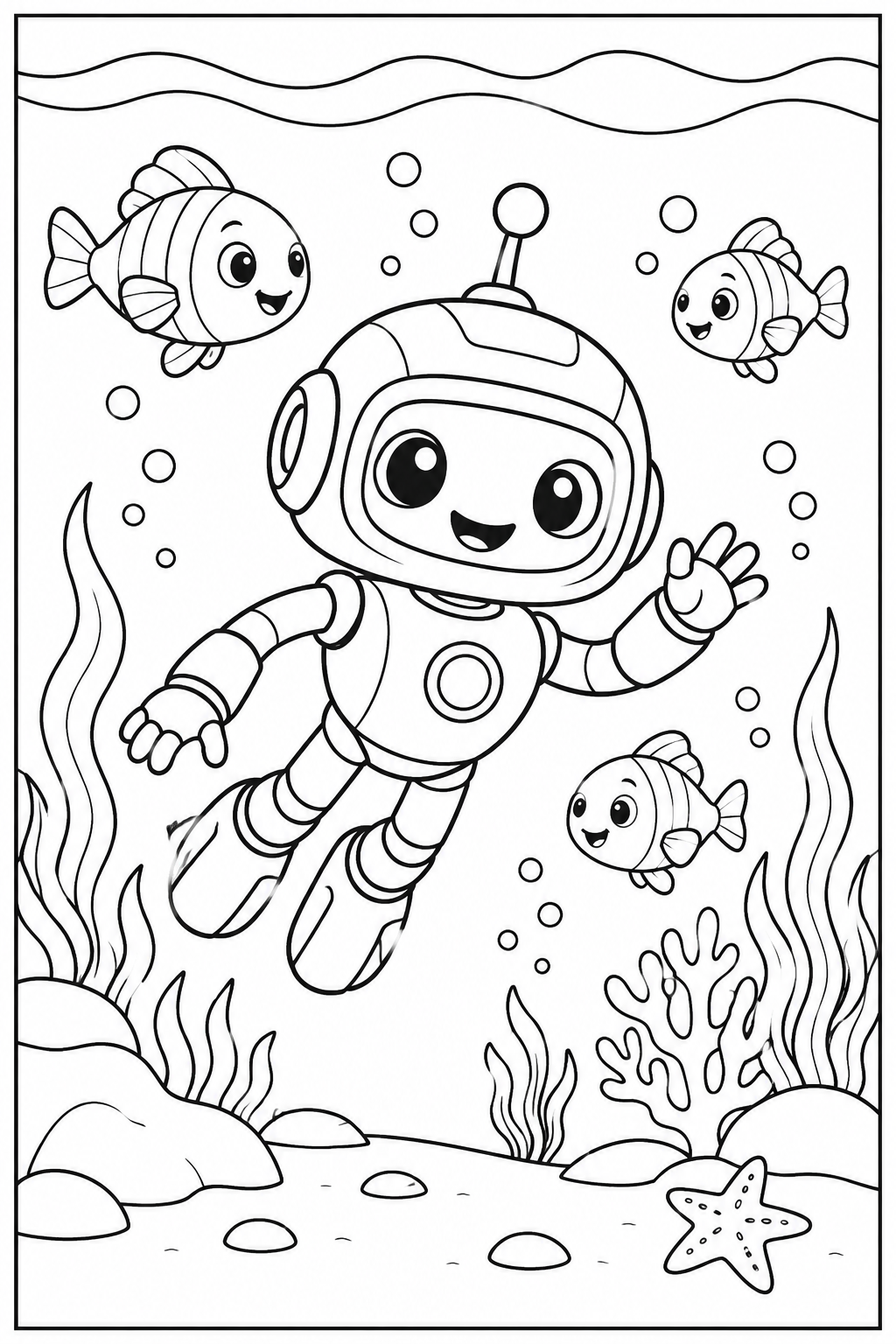 Robot under the sea — More details — printable coloring page