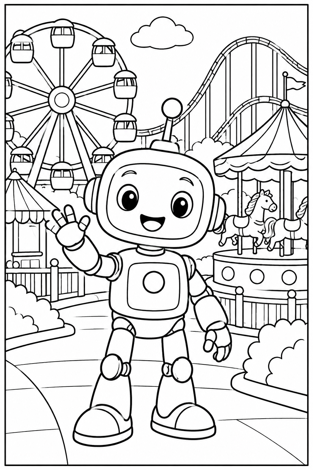 Robot at the amusement park — More details — printable coloring page