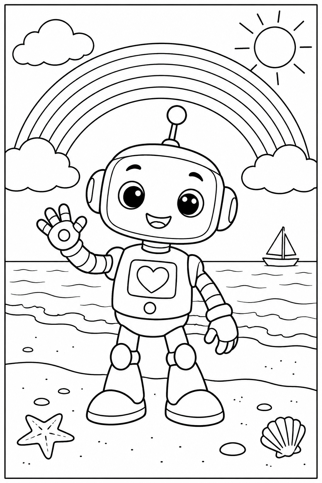 Robot under a rainbow — More details — printable coloring page