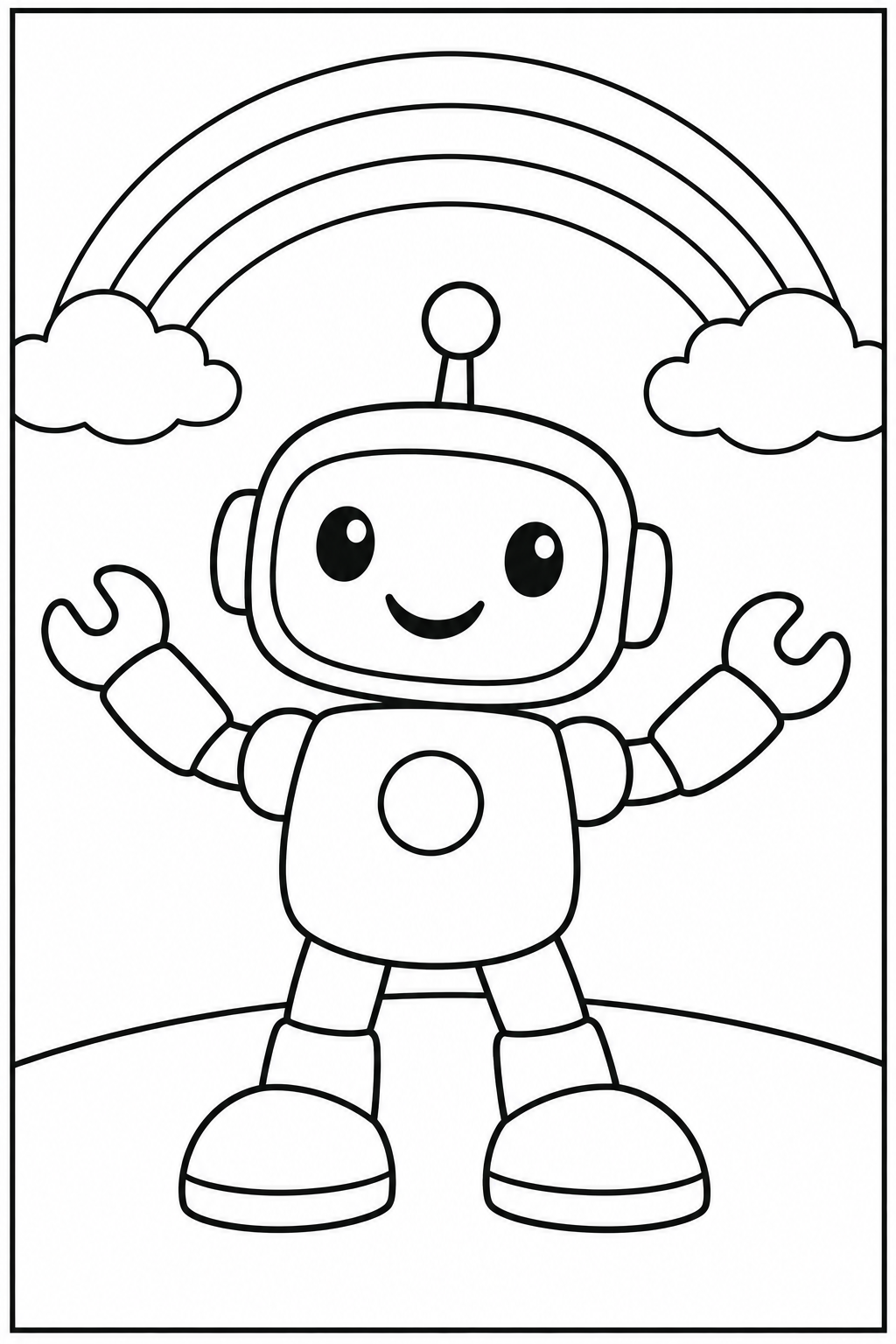 Robot under a rainbow — Large shapes — printable coloring page