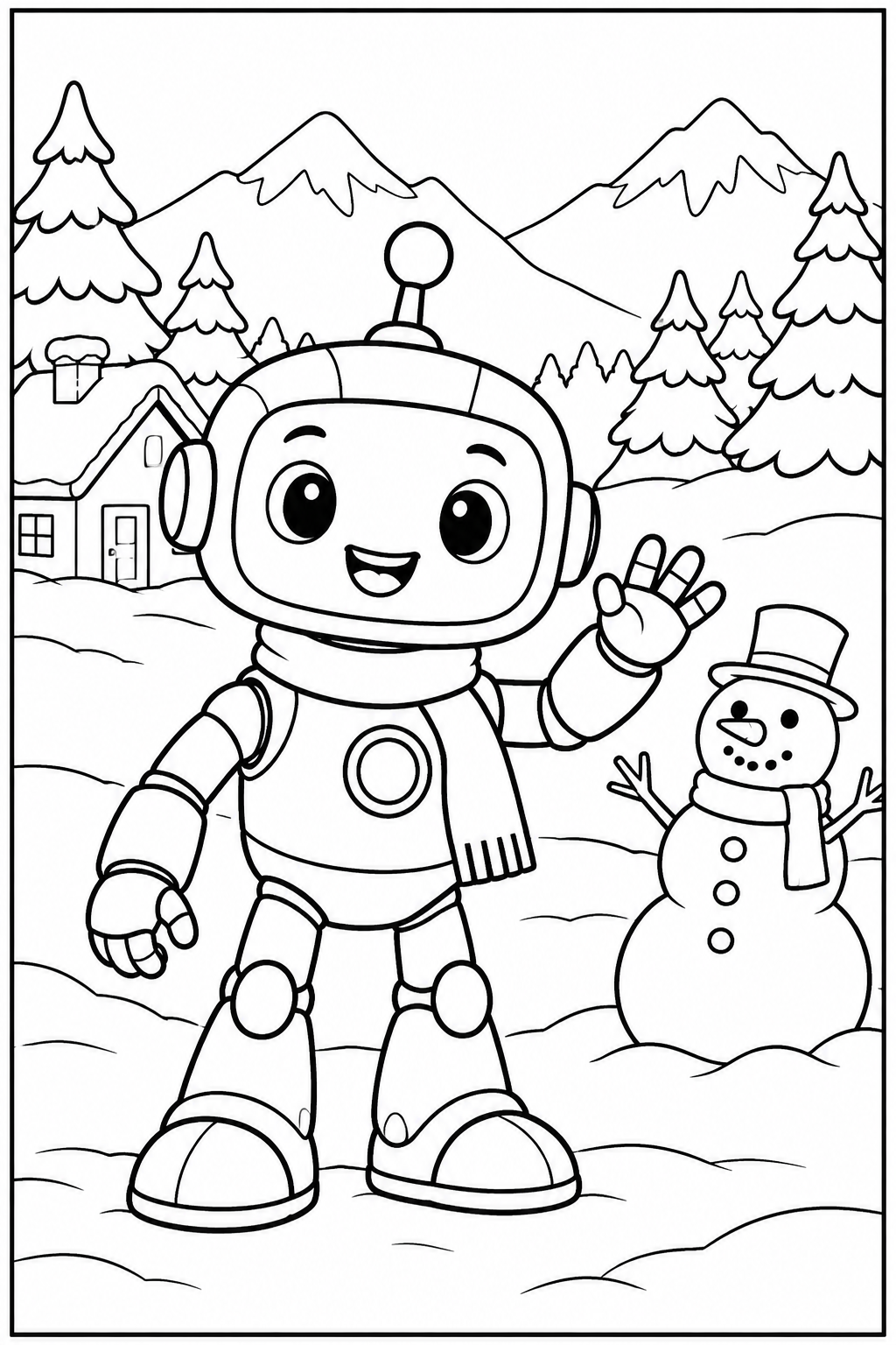 Robot in the snow — More details — printable coloring page