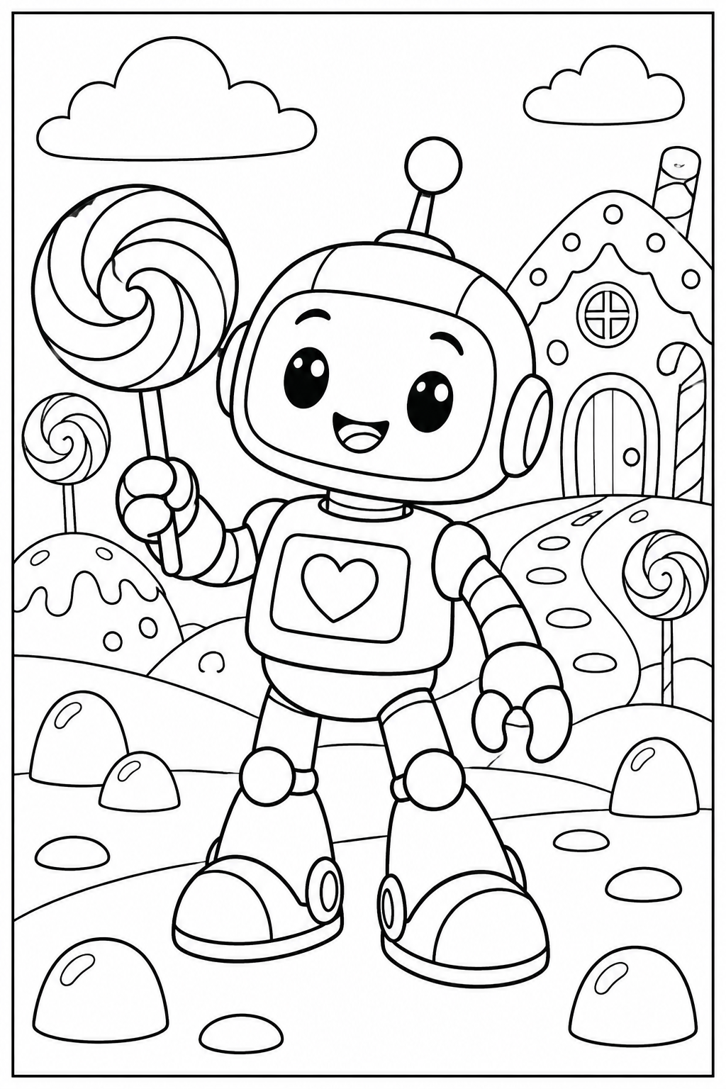 Robot in candy land — More details — printable coloring page