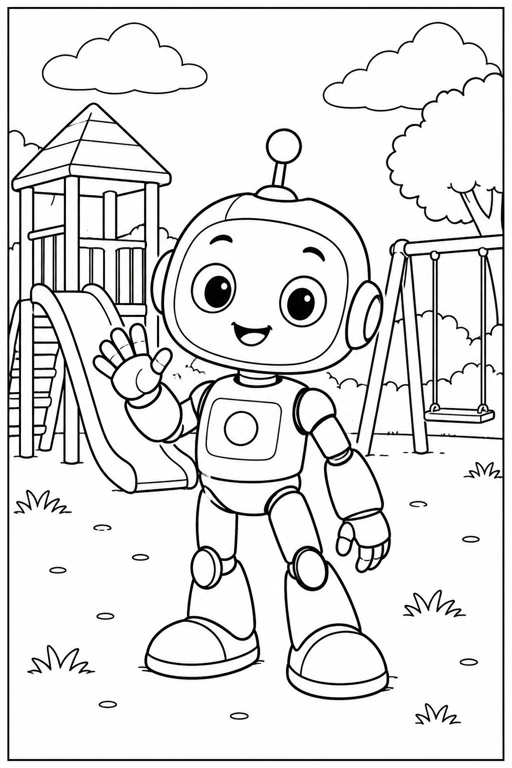 Robot at the playground — More details — printable coloring page
