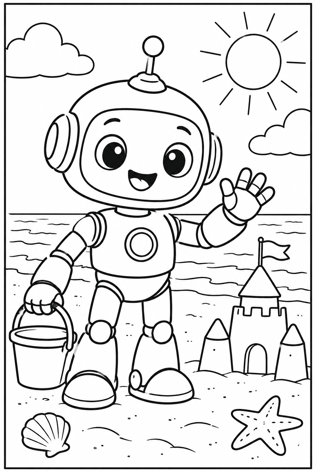 Robot at the beach — More details — printable coloring page