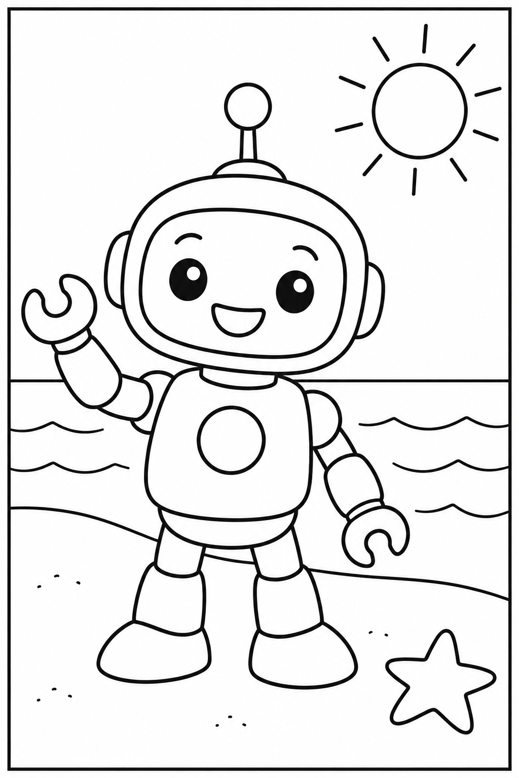 Robot at the beach — Large shapes — printable coloring page