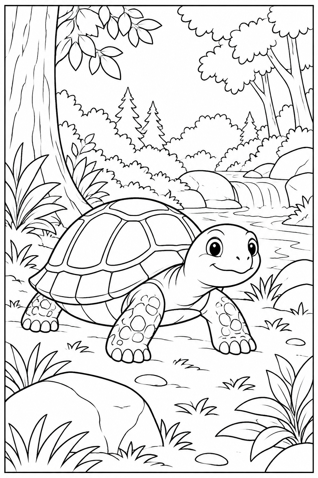 Turtle in the forest — More details — printable coloring page