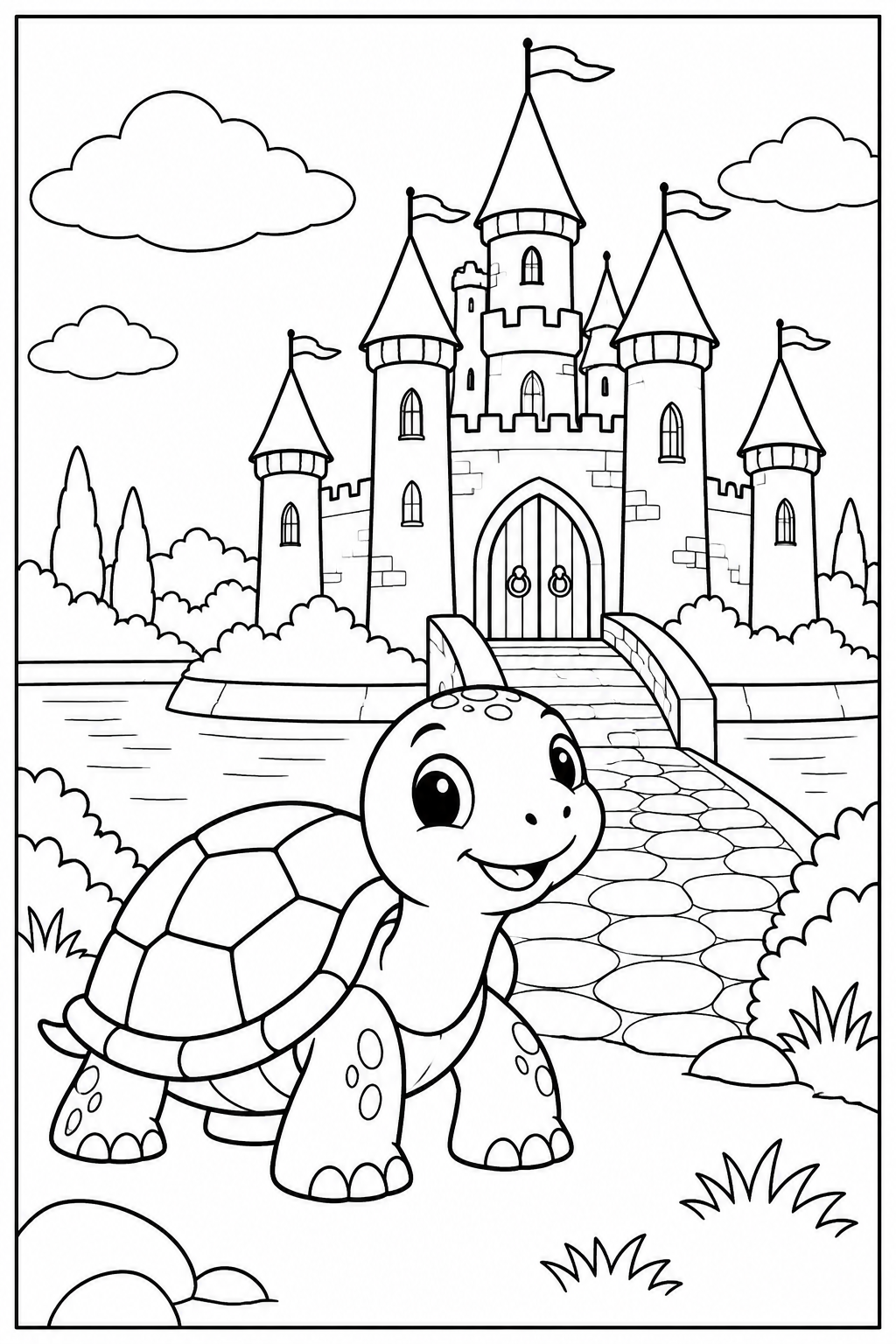 Turtle by a castle — More details — printable coloring page