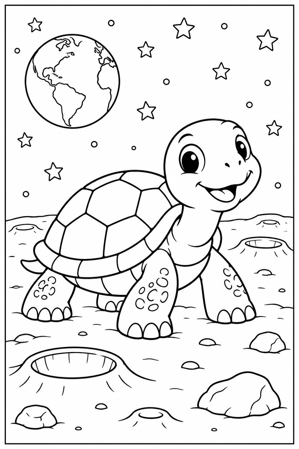 Turtle on the moon — More details — printable coloring page