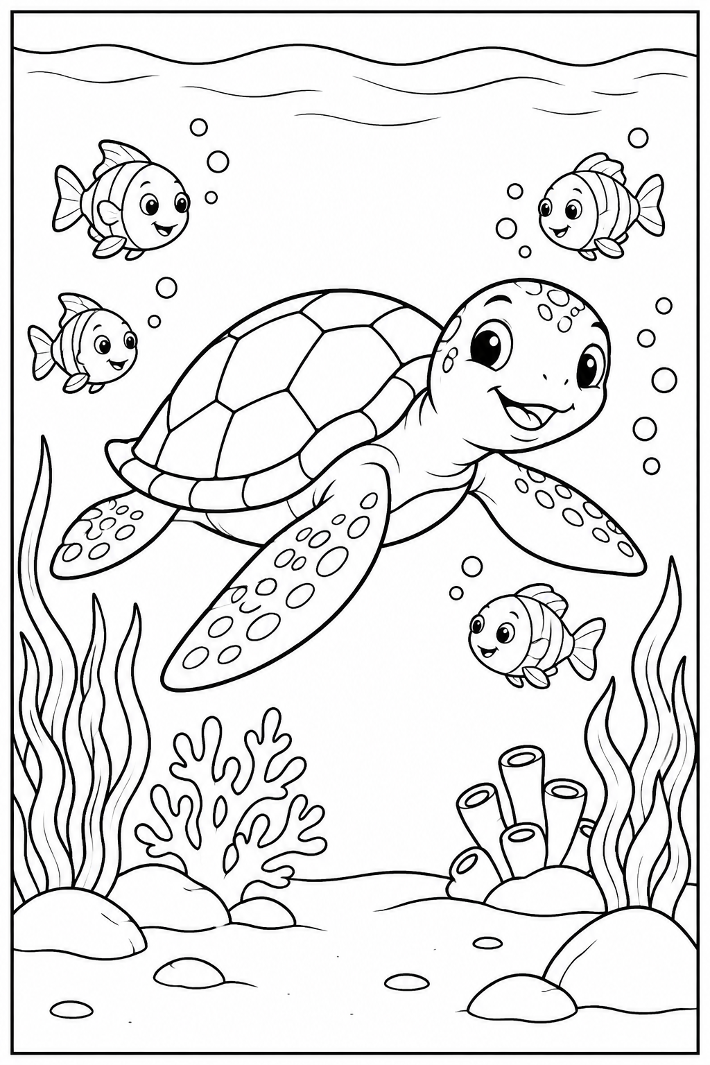 Turtle under the sea — More details — printable coloring page