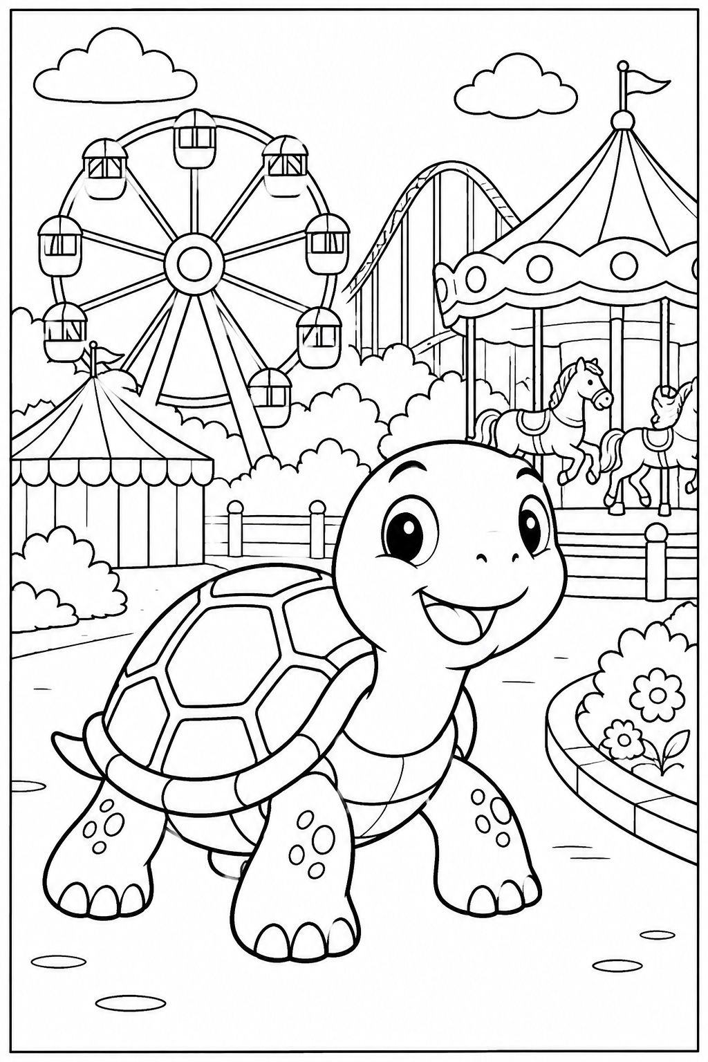 Turtle at the amusement park — More details — printable coloring page