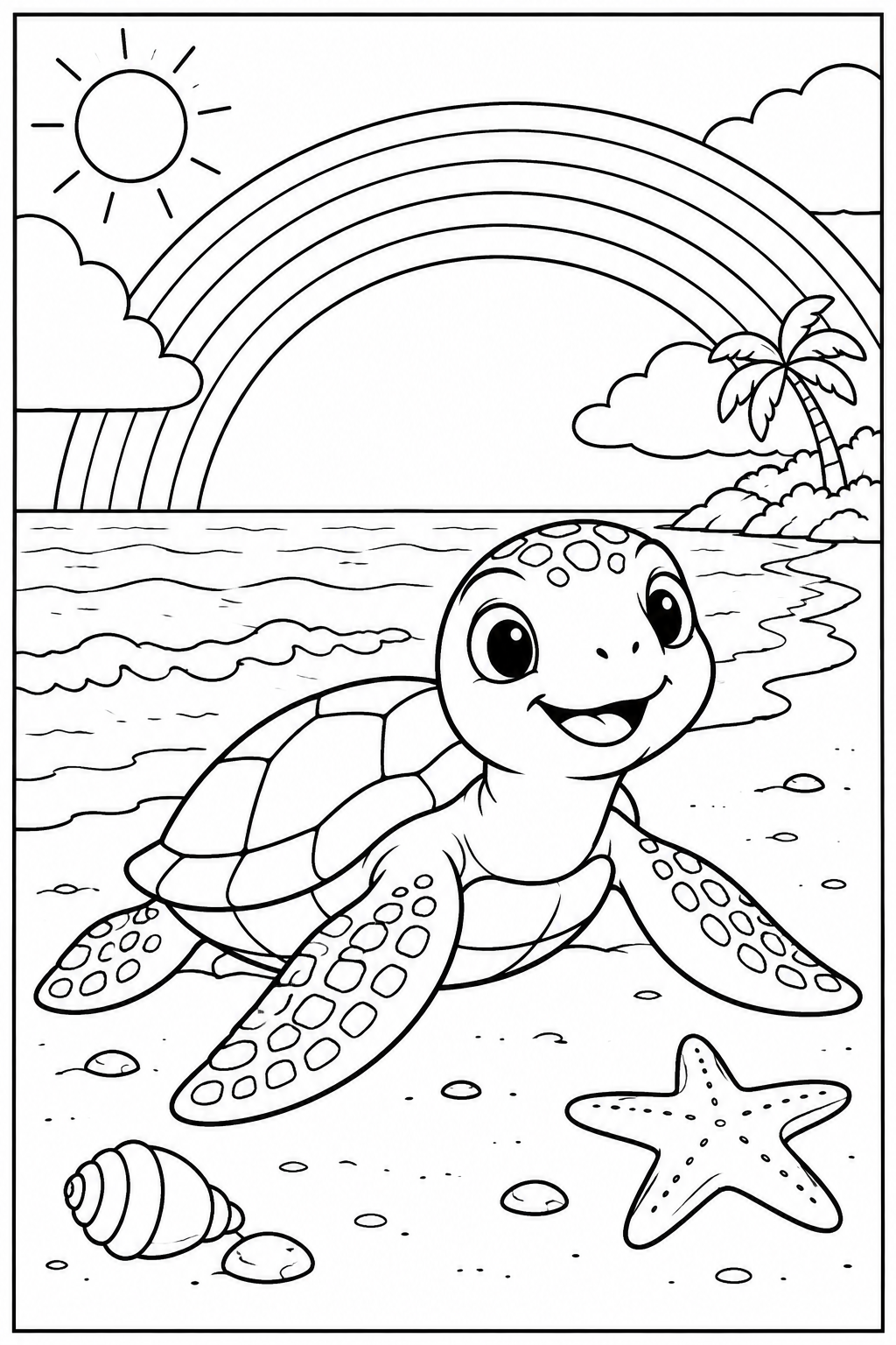 Turtle under a rainbow — More details — printable coloring page