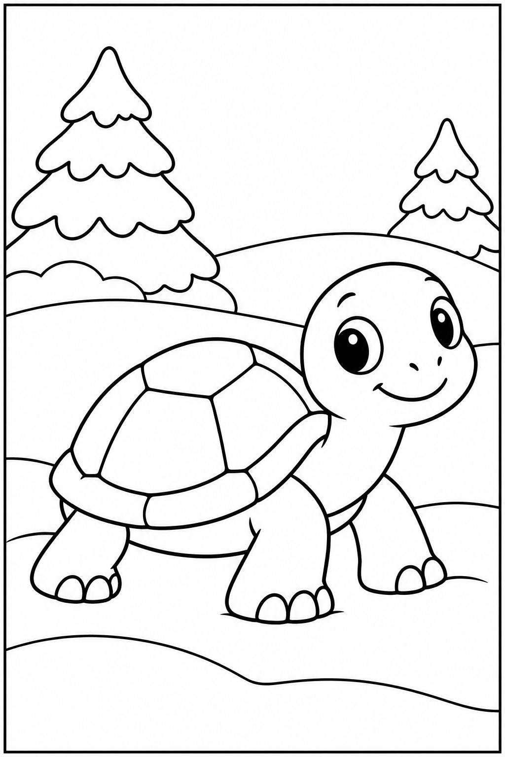 Turtle in the snow — More details — printable coloring page