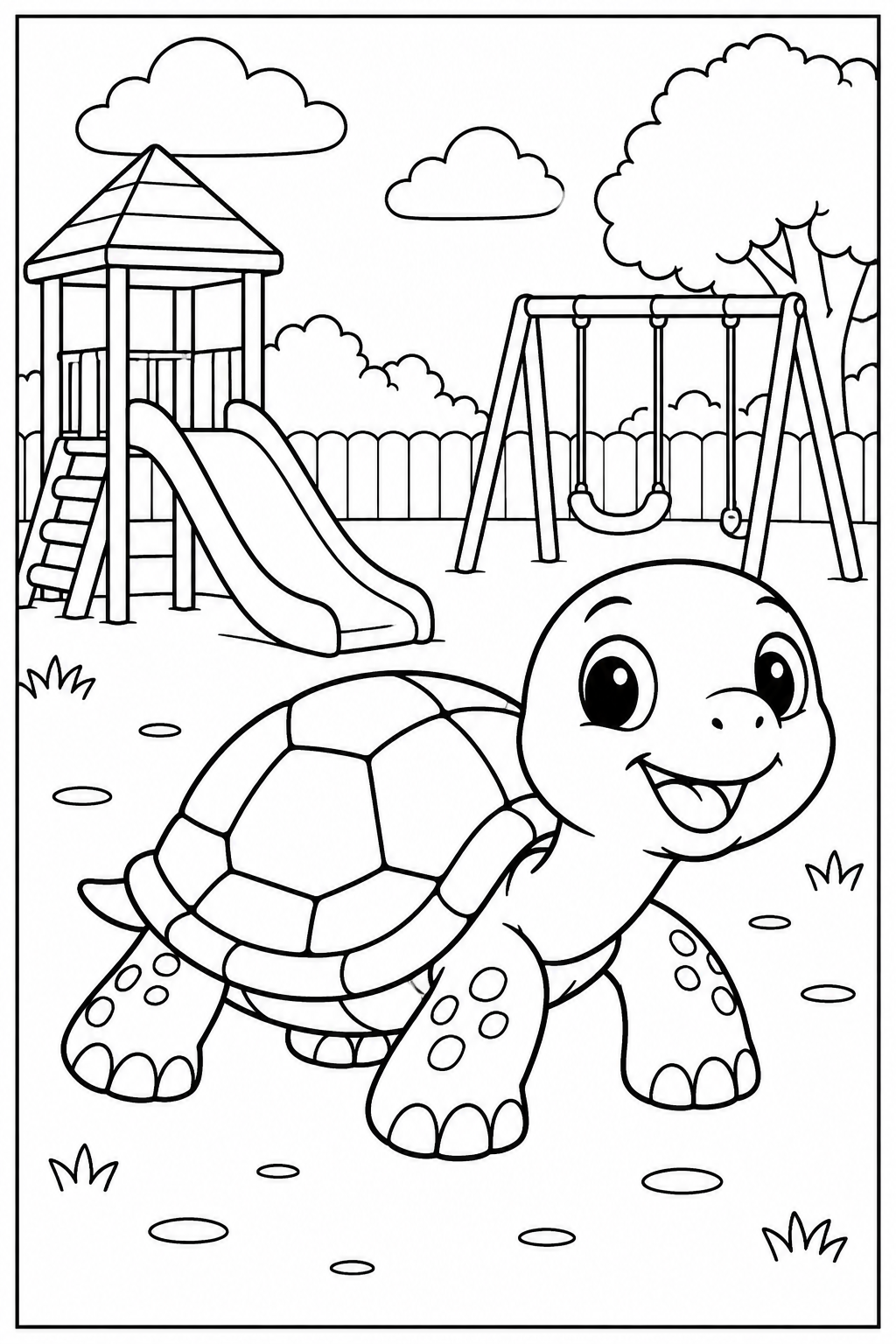 Turtle at the playground — More details — printable coloring page