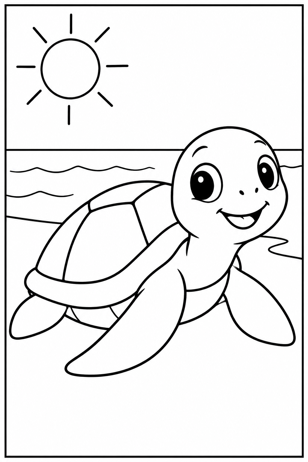 Turtle at the beach — Large shapes — printable coloring page