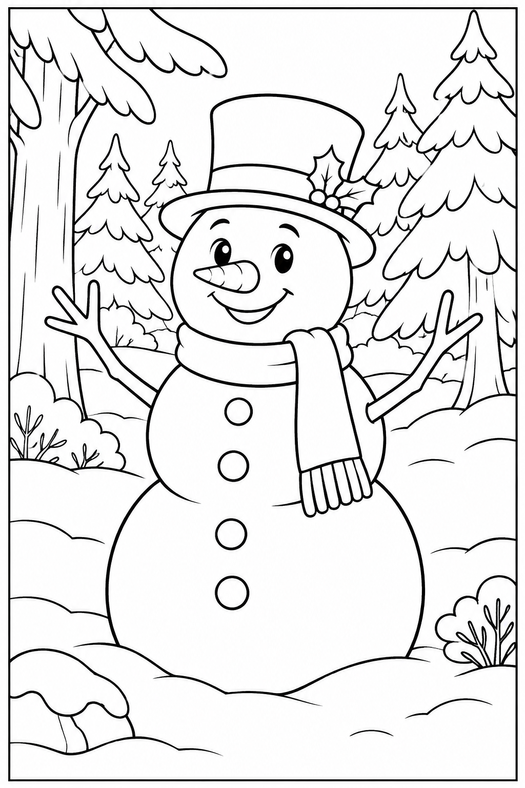 Snowman in the forest — More details — printable coloring page