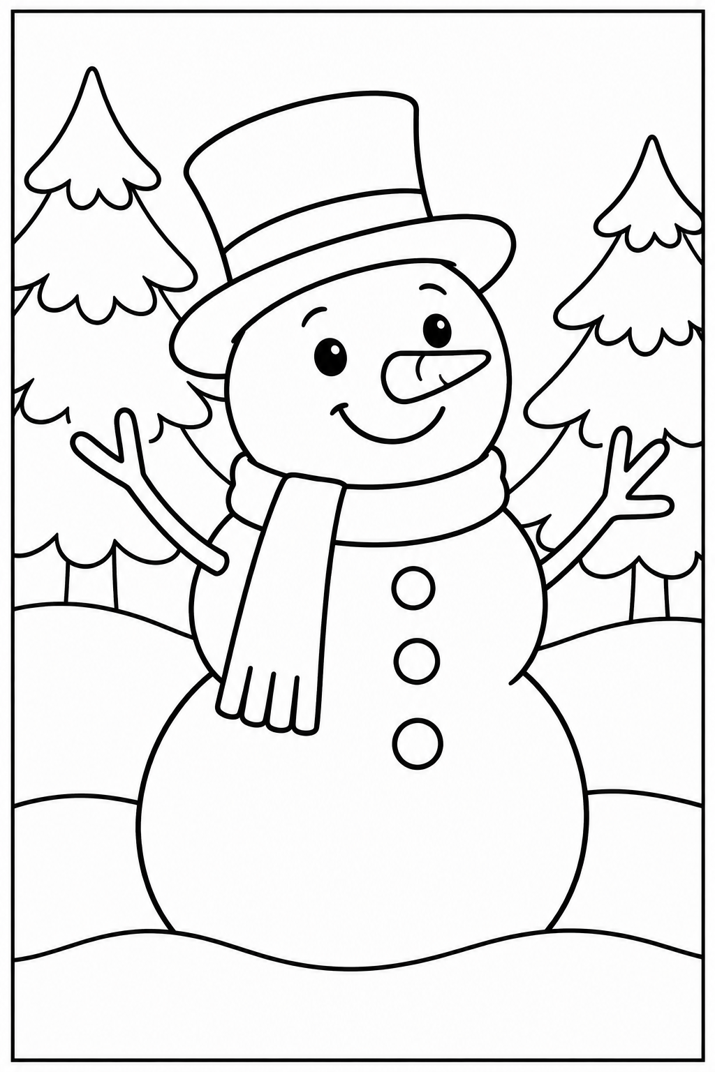 Snowman in the forest — Large shapes — printable coloring page