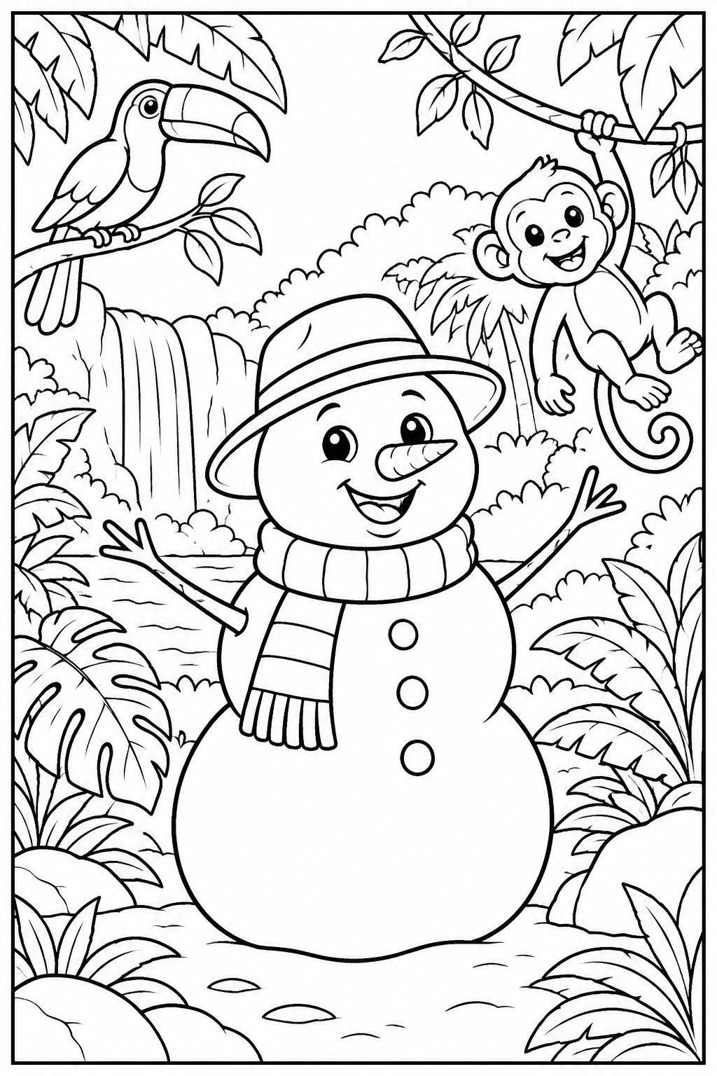 Snowman in the jungle — More details — printable coloring page