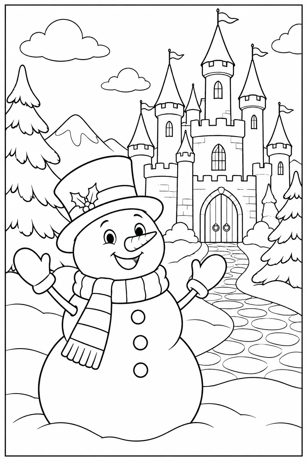 Snowman by a castle — More details — printable coloring page