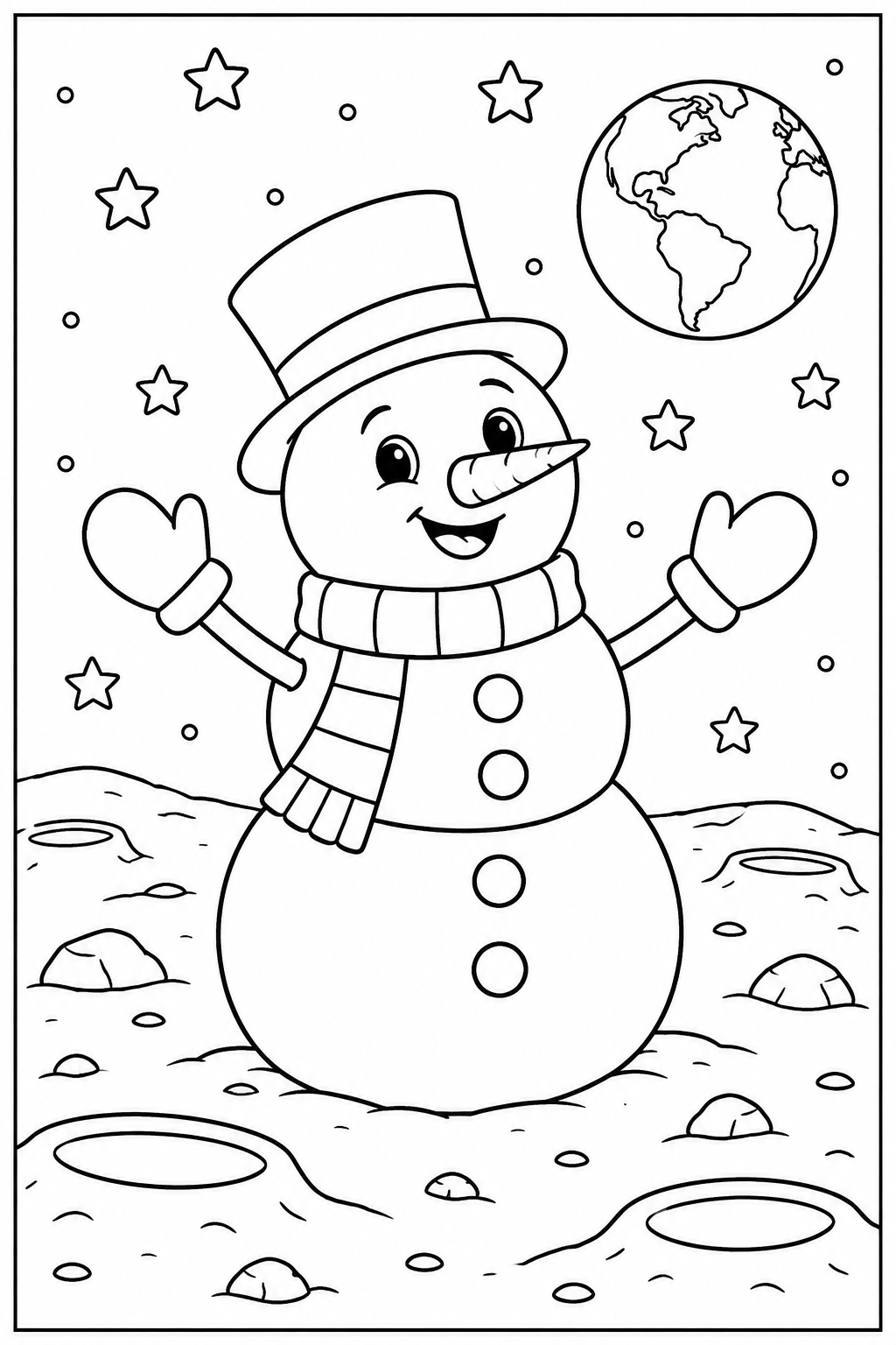 Snowman on the moon — More details — printable coloring page