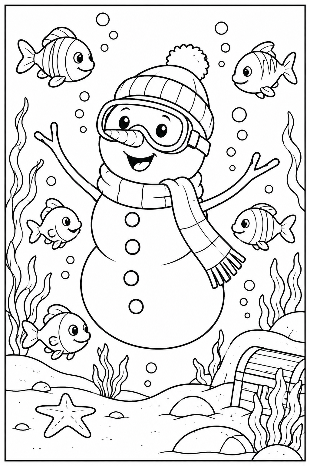Snowman under the sea — More details — printable coloring page