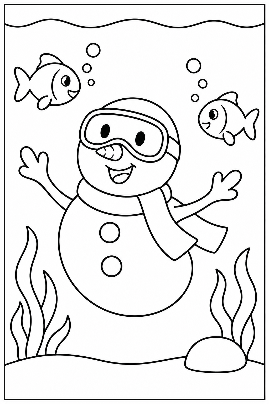 Snowman under the sea — Large shapes — printable coloring page