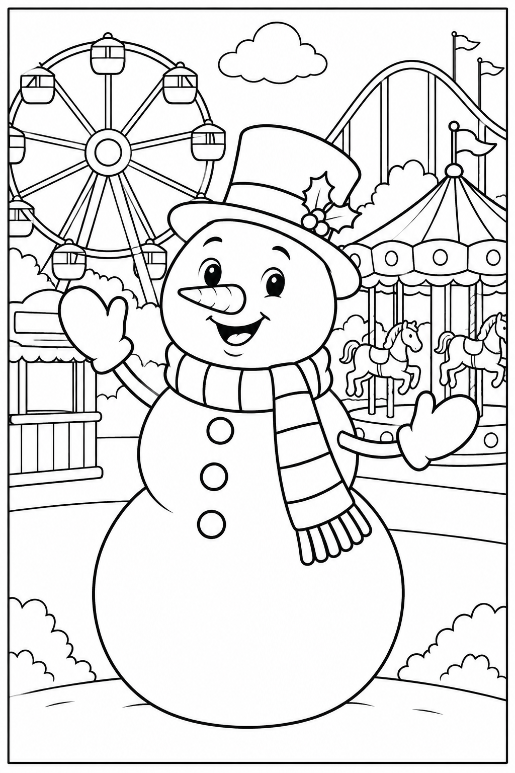 Snowman at the amusement park — More details — printable coloring page
