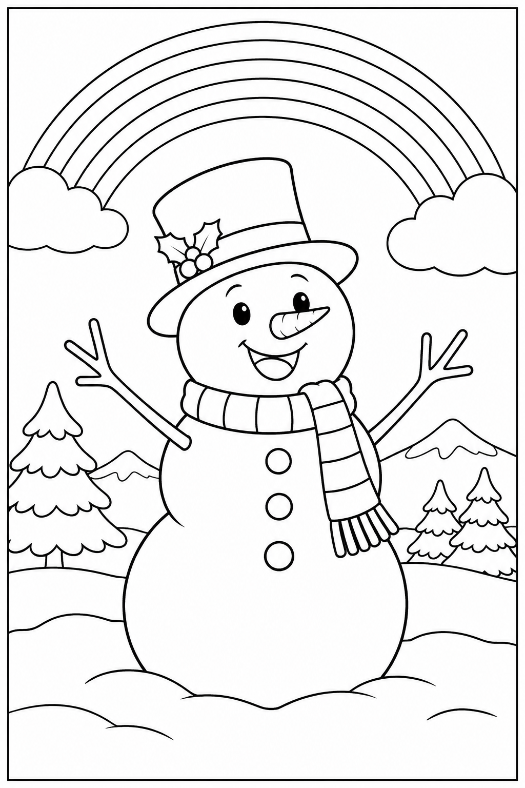 Snowman under a rainbow — More details — printable coloring page