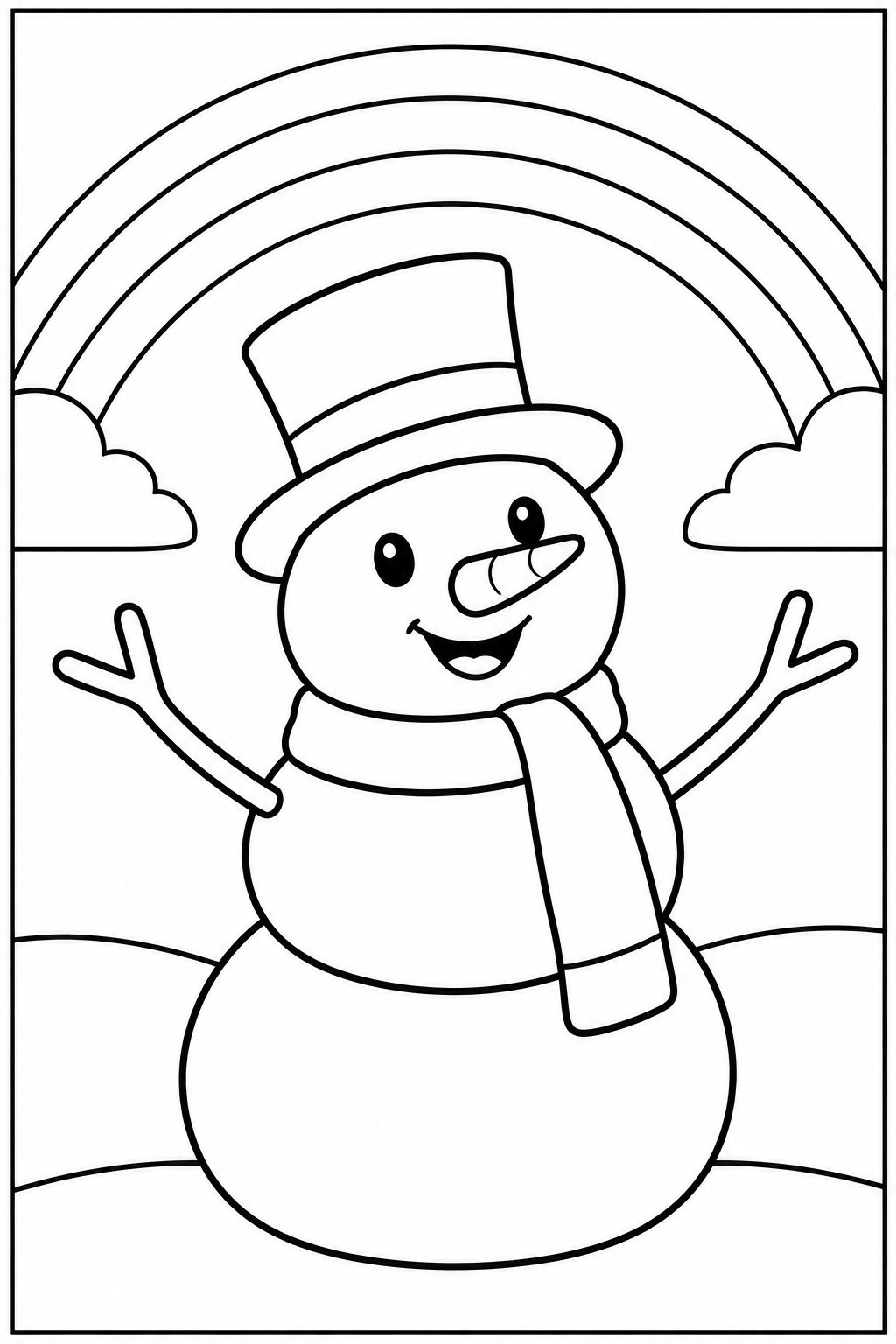 Snowman under a rainbow — Large shapes — printable coloring page