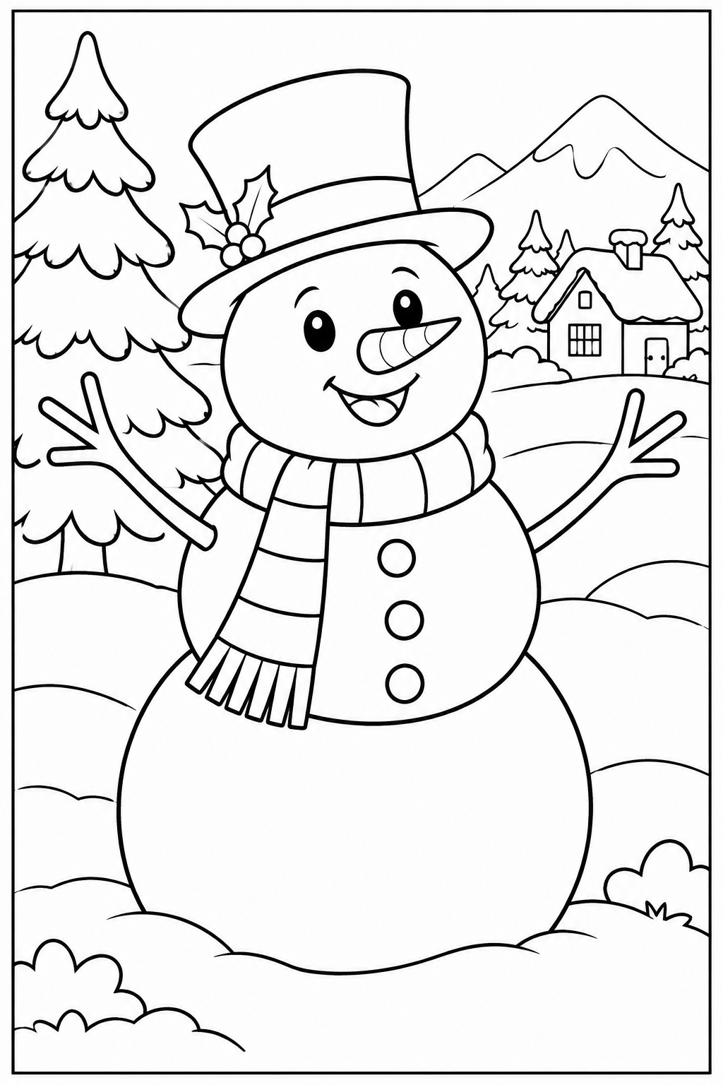 Snowman in the snow — More details — printable coloring page