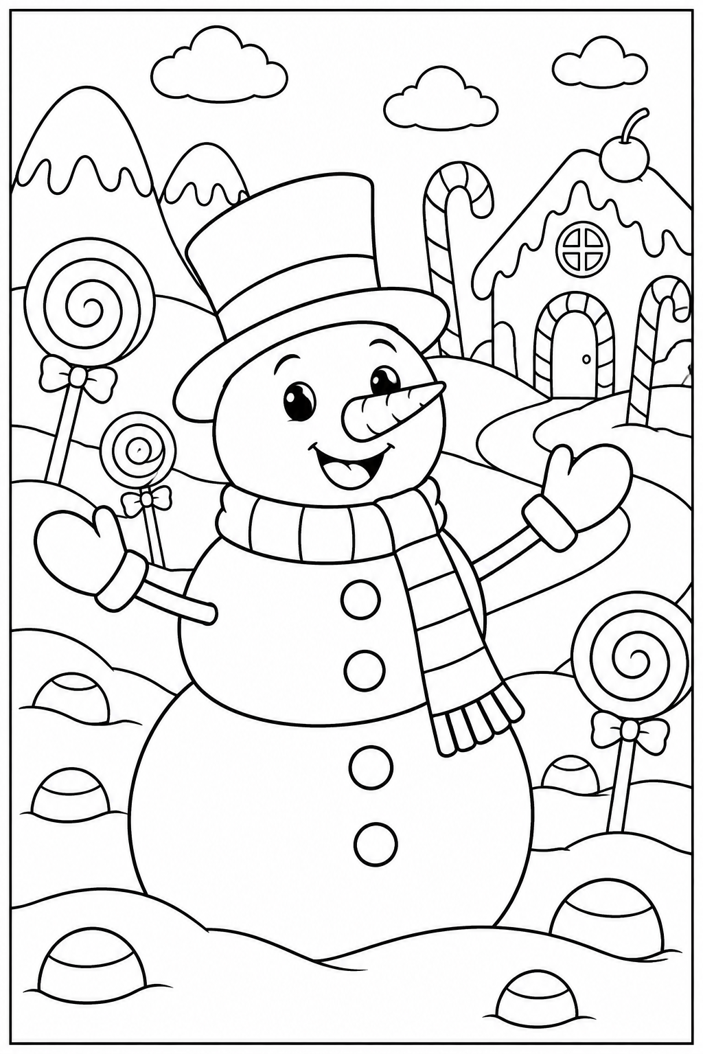 Snowman in candy land — More details — printable coloring page
