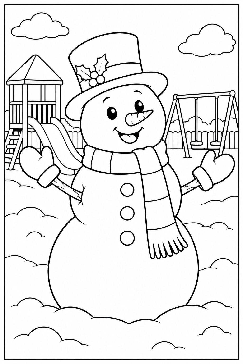 Snowman at the playground — More details — printable coloring page