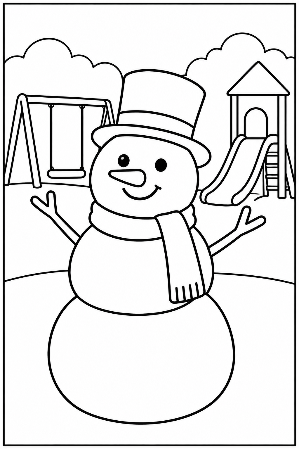 Snowman at the playground — Large shapes — printable coloring page