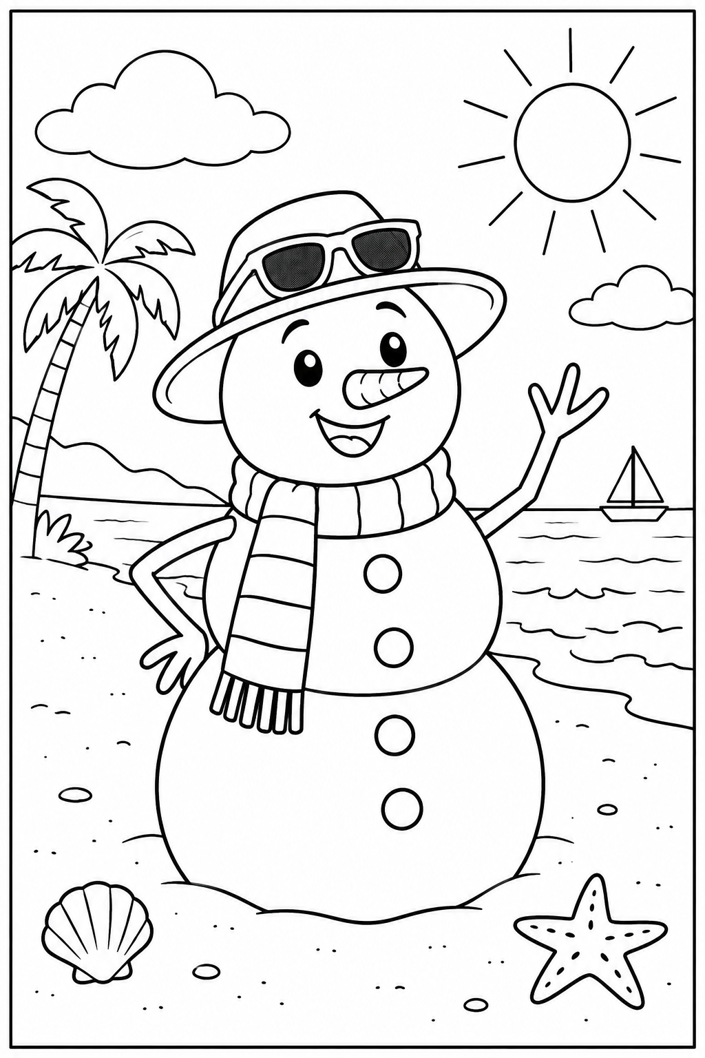 Snowman at the beach — More details — printable coloring page