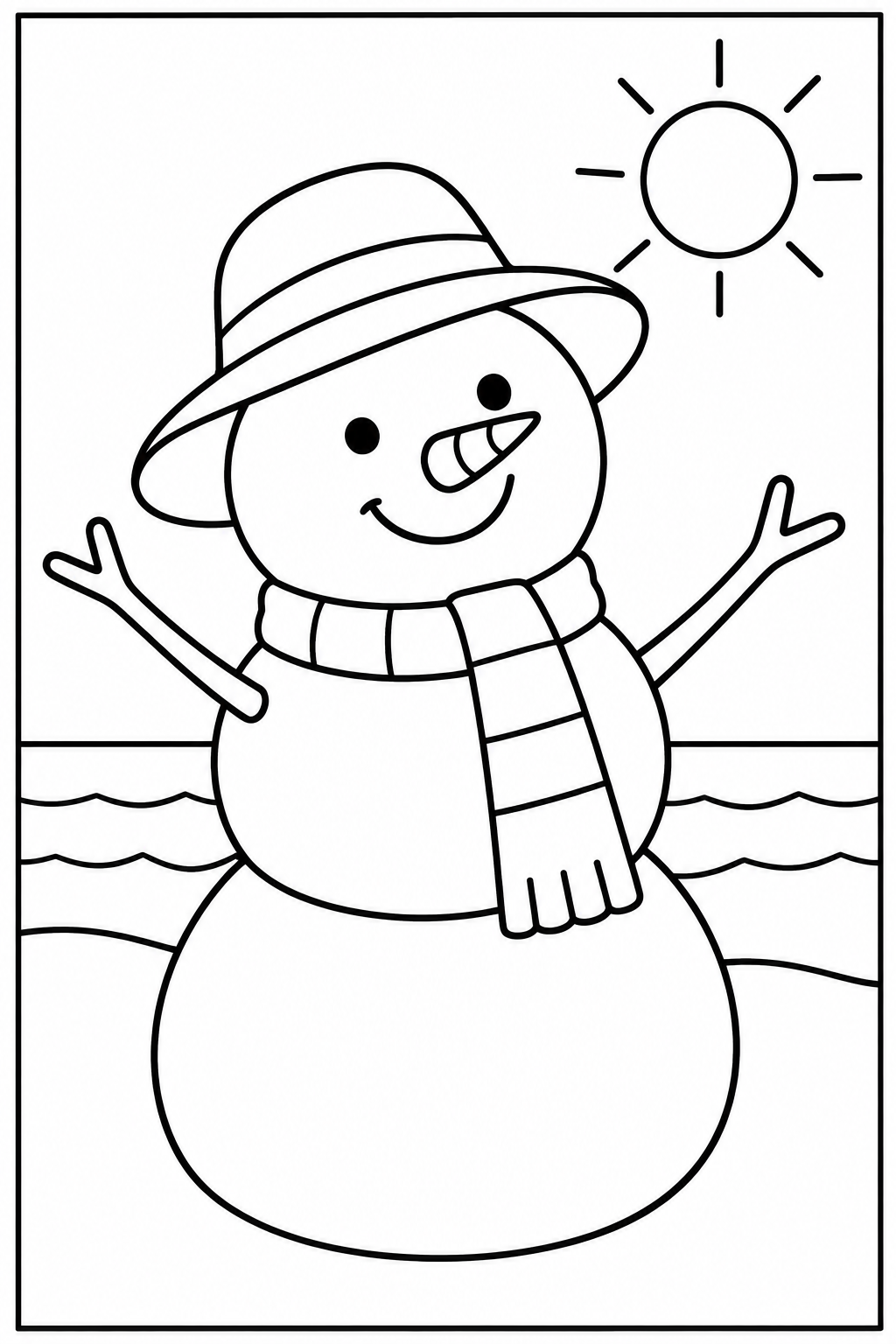 Snowman at the beach — Large shapes — printable coloring page
