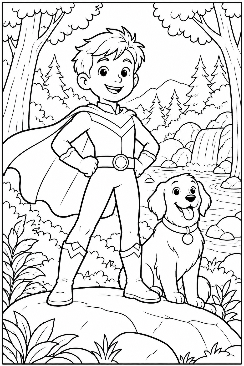 Superhero in the forest — More details — printable coloring page