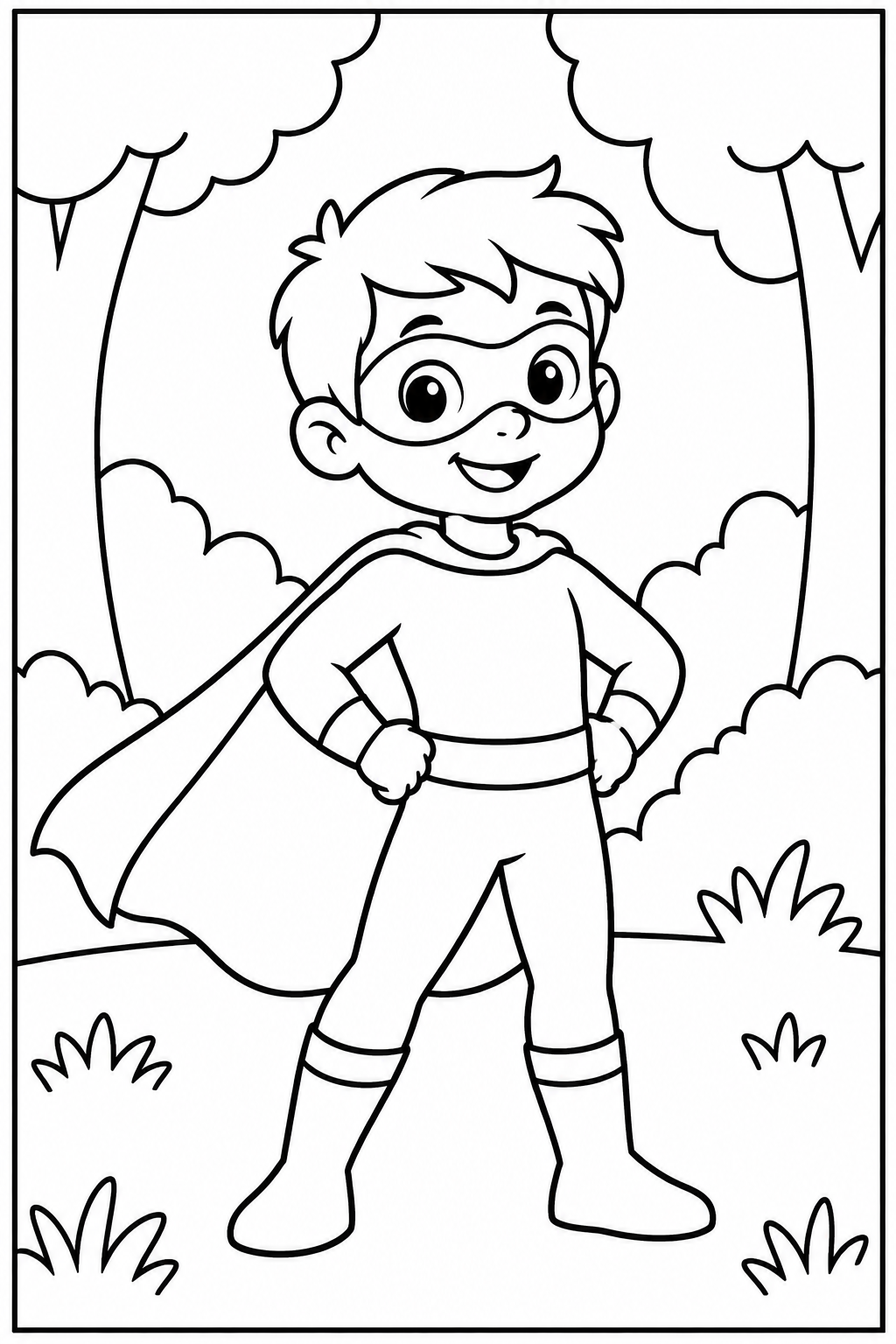 Superhero in the forest — Large shapes — printable coloring page