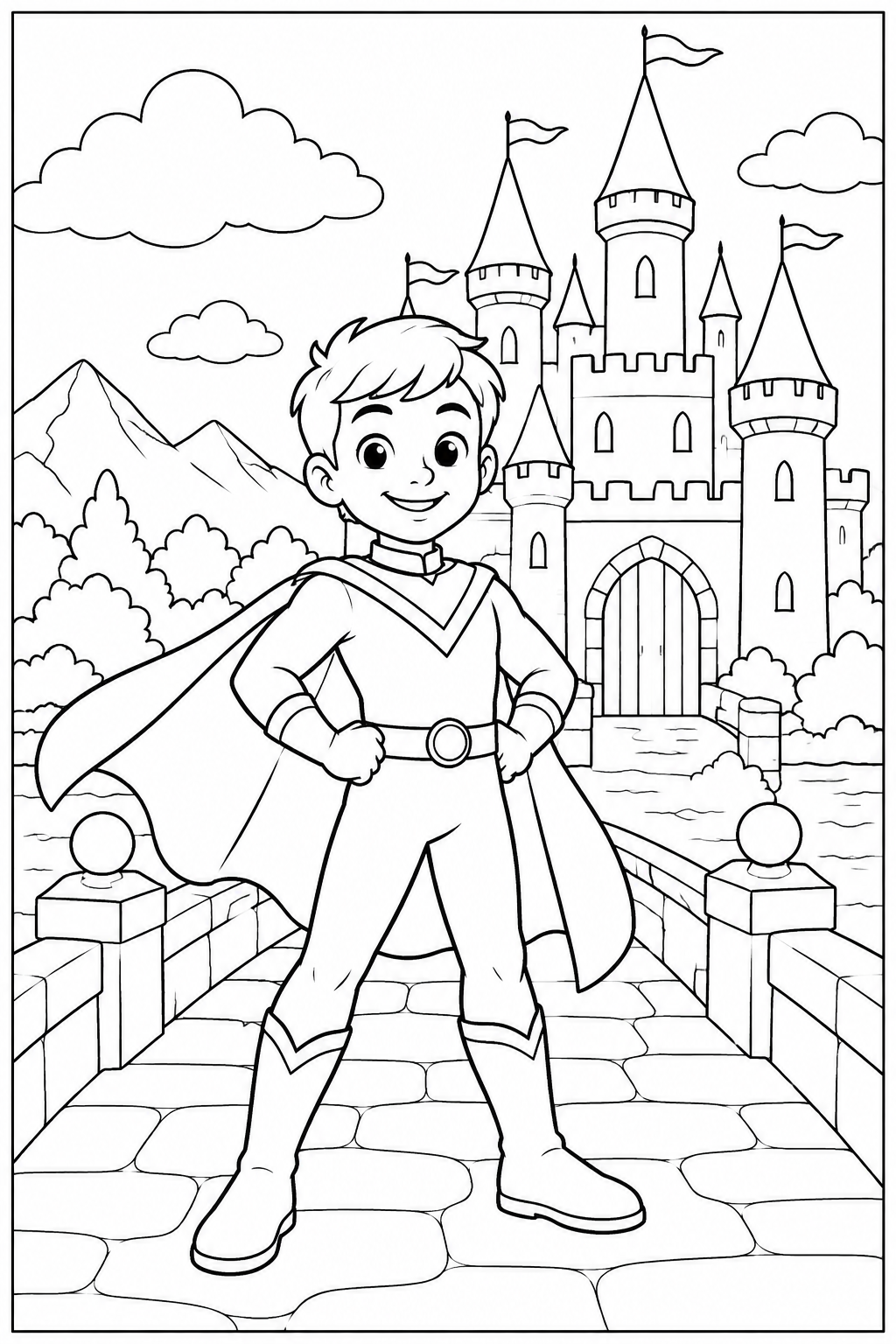 Superhero by a castle — More details — printable coloring page