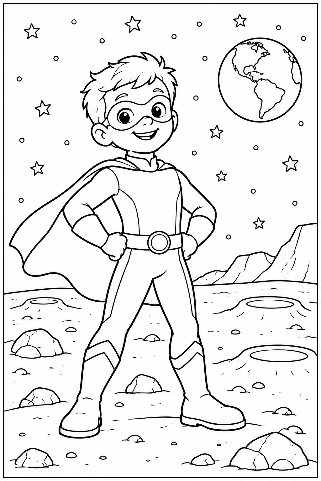 Superhero on the moon — More details — printable coloring page