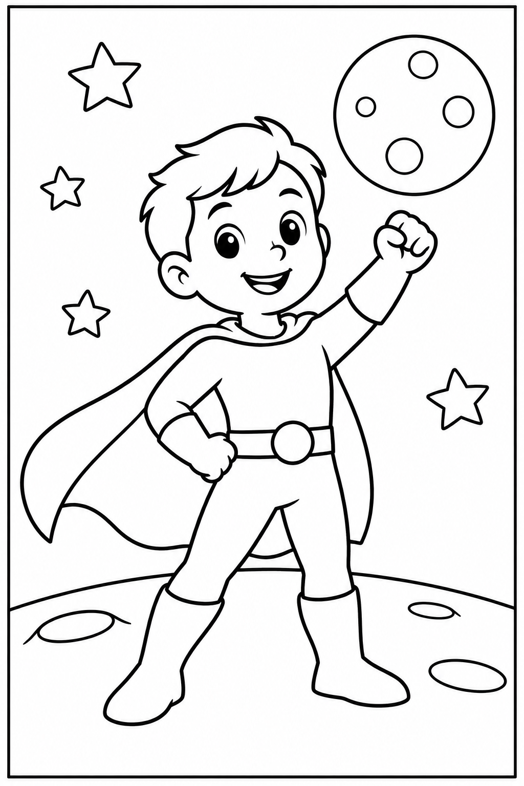 Superhero on the moon — Large shapes — printable coloring page