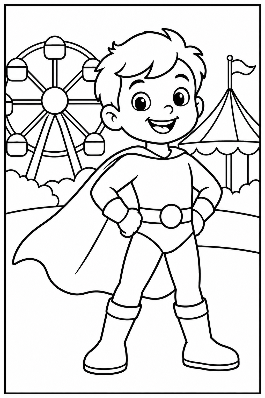 Superhero at the amusement park — More details — printable coloring page