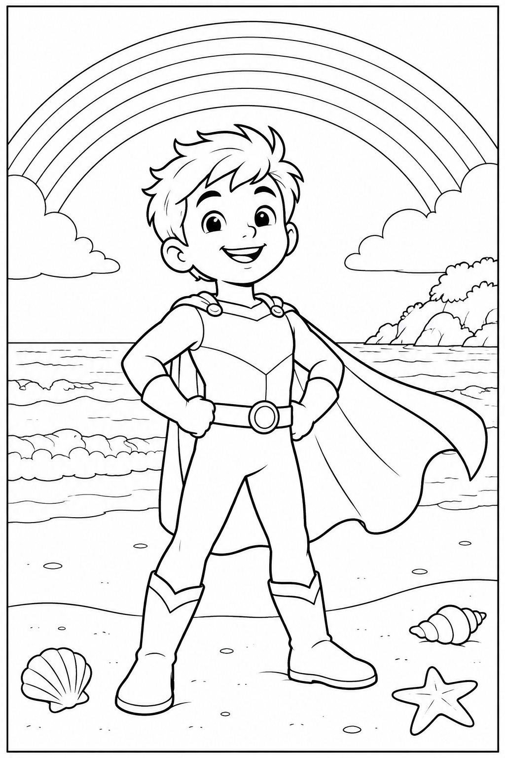 Superhero under a rainbow — More details — printable coloring page
