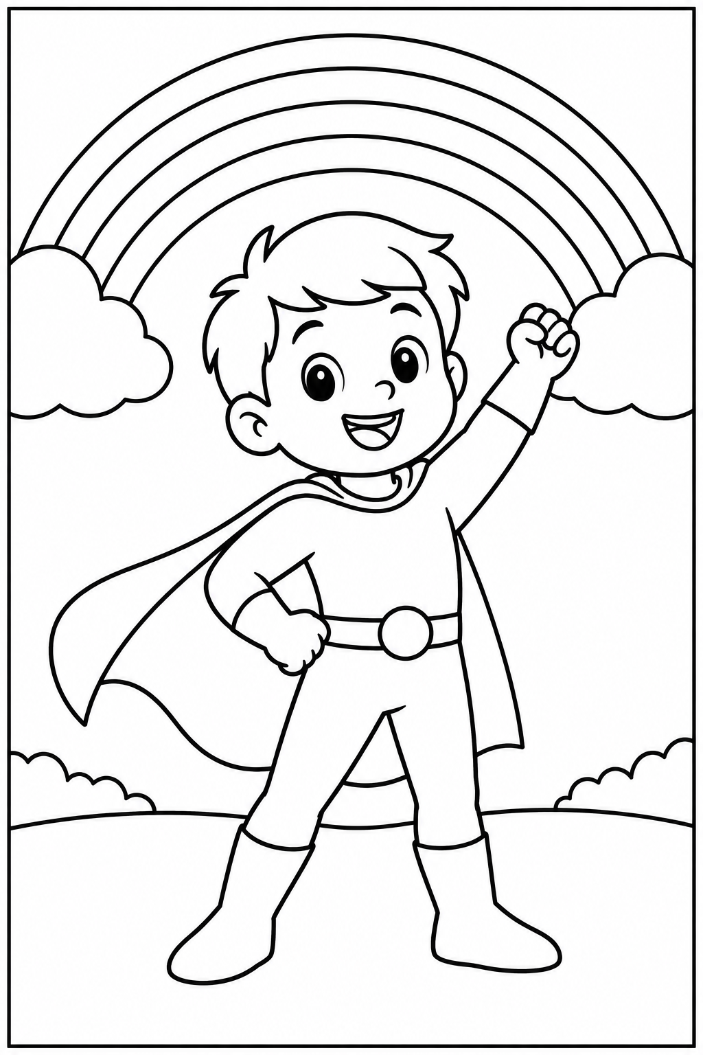 Superhero under a rainbow — Large shapes — printable coloring page