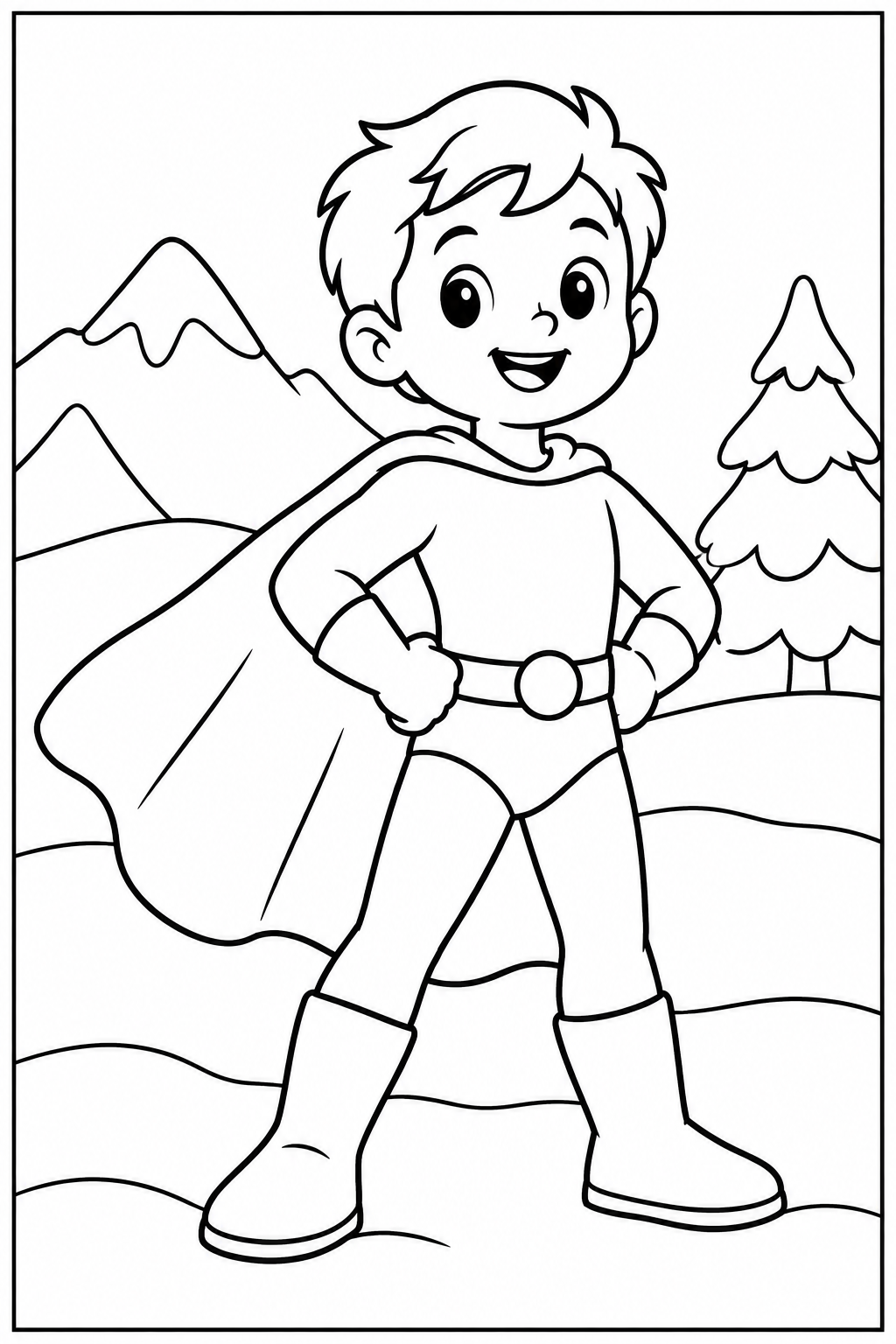 Superhero in the snow — Large shapes — printable coloring page